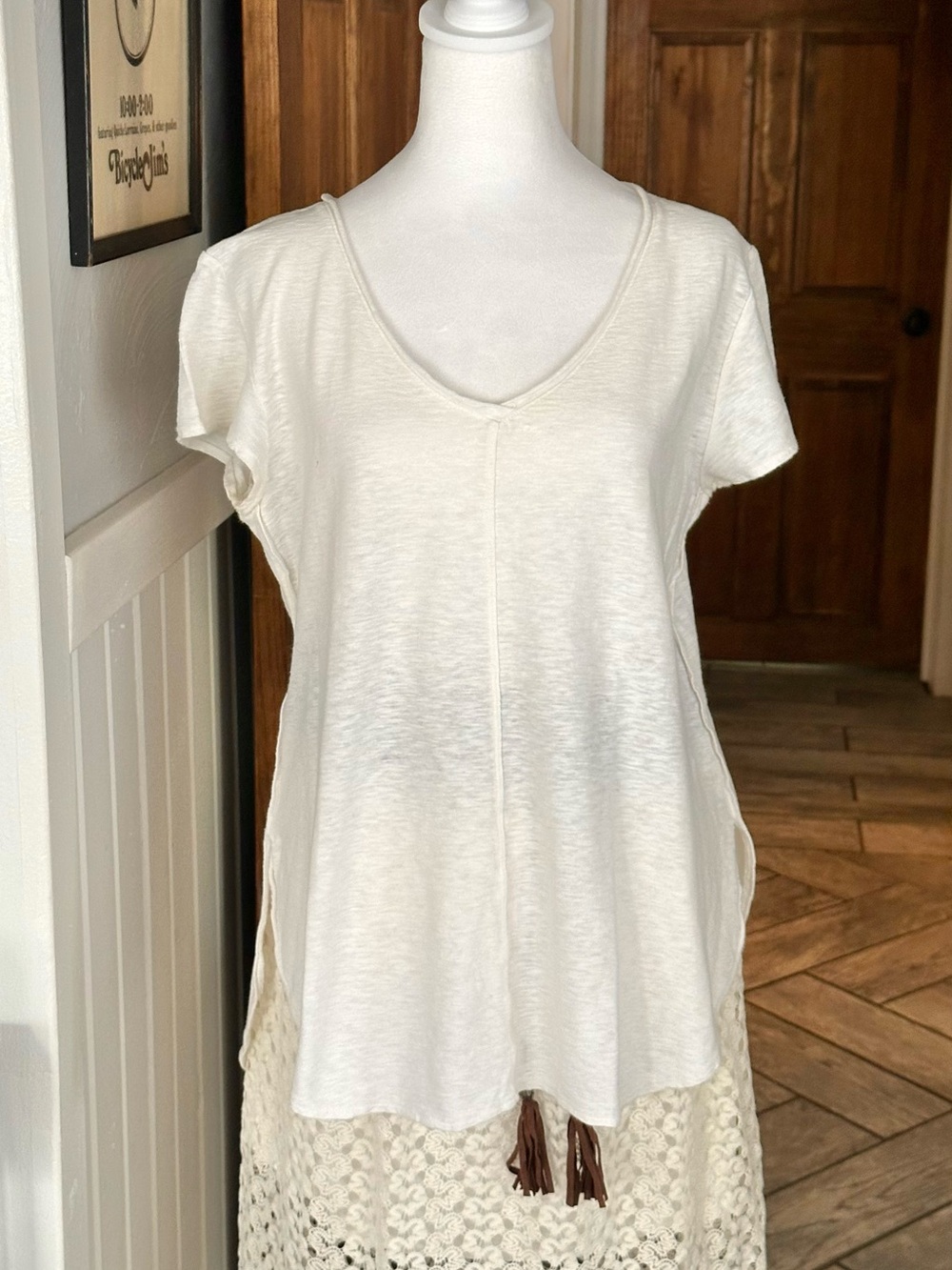 cut loose Med Ivory Cotton Linen Blend V-Neck Tunic Top Made In USA